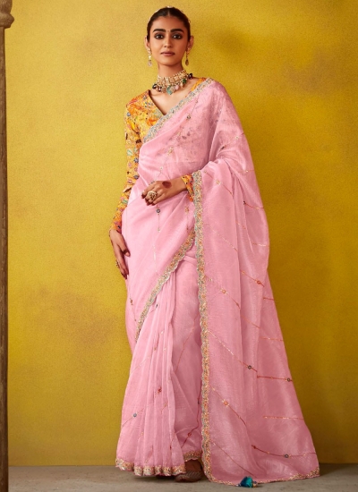 Light rose glass tissue sequins embroidered wedding saree with blouse 2157